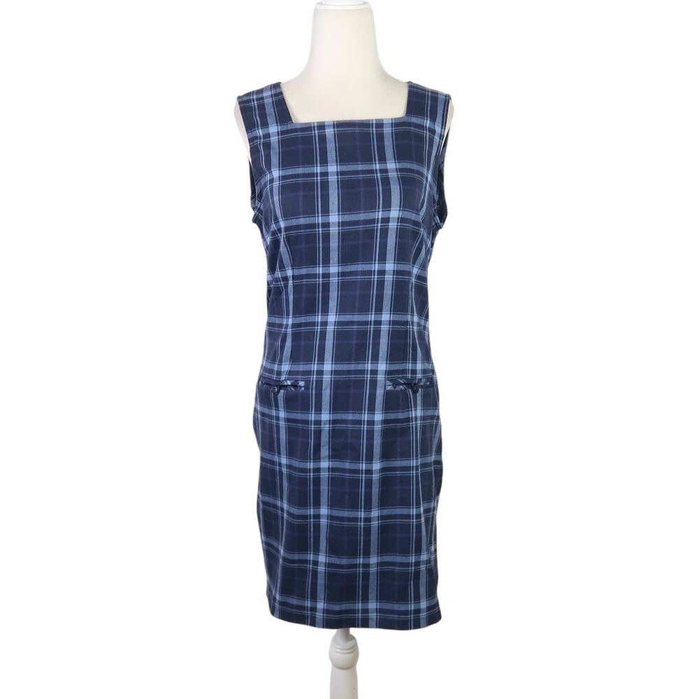 Vintage 90s New York & Company navy blue plaid mini jumper dress 4